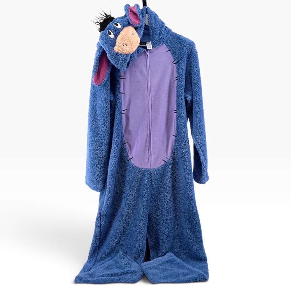 🎃 Disney Womens Eeyore Blue Sherpa Fleece Hooded Union Zip Onesie Halloween XL